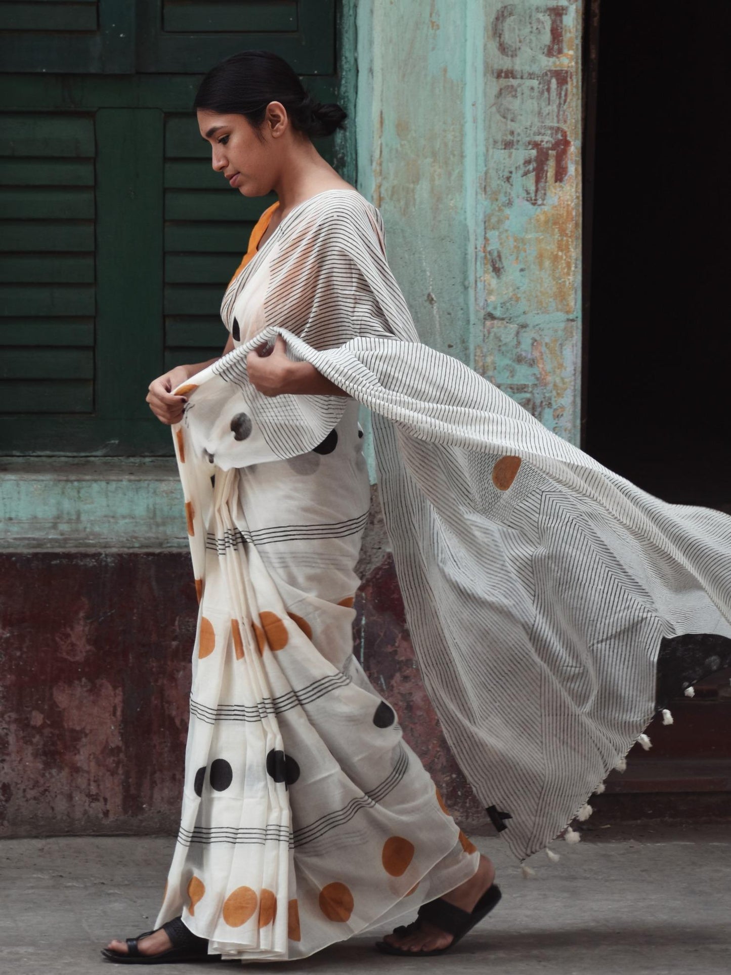 Geometry Black - Orange Dots Saree