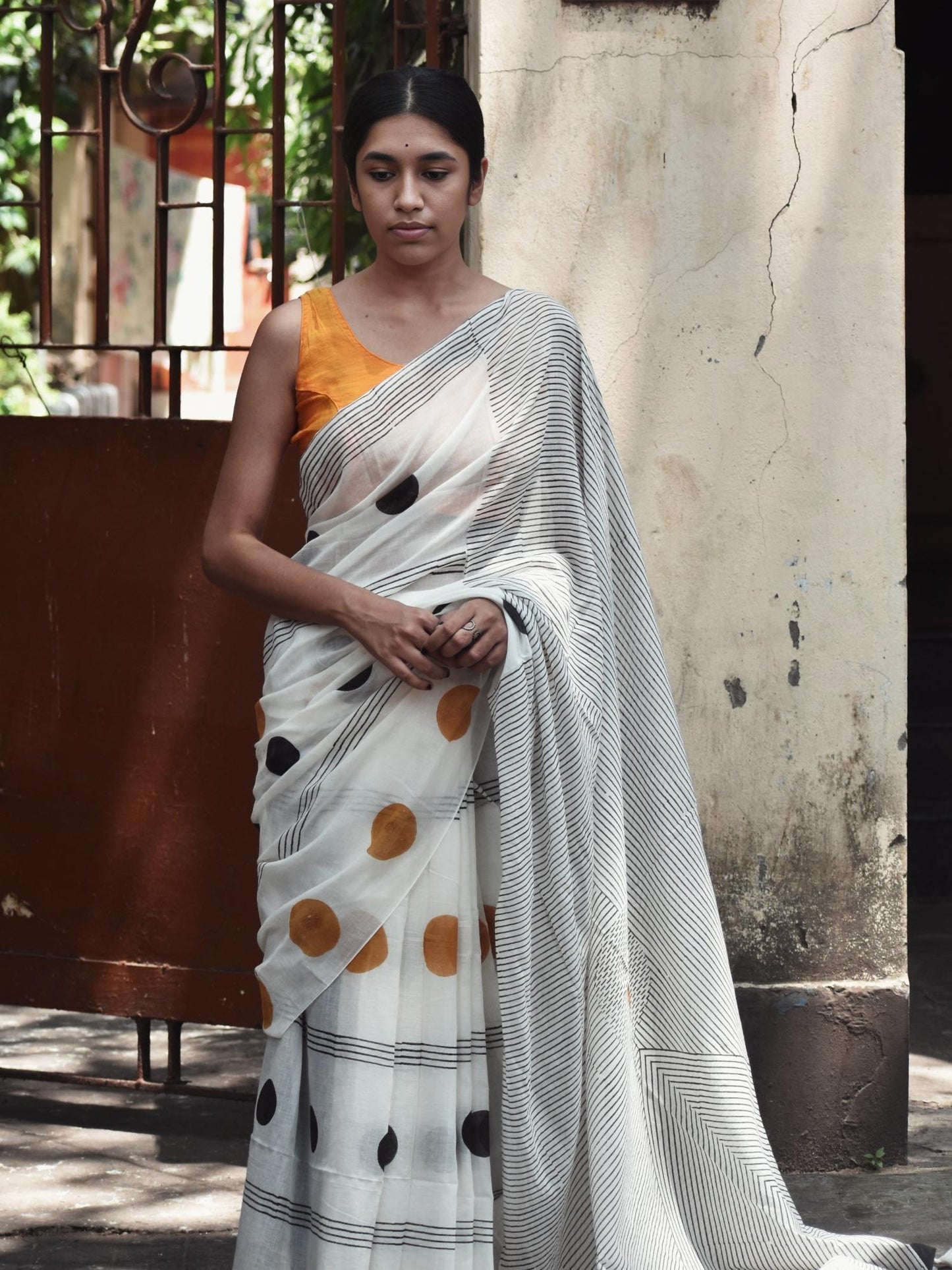 Geometry Black - Orange Dots Saree