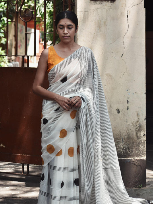 Geometry Black - Orange Dots Saree