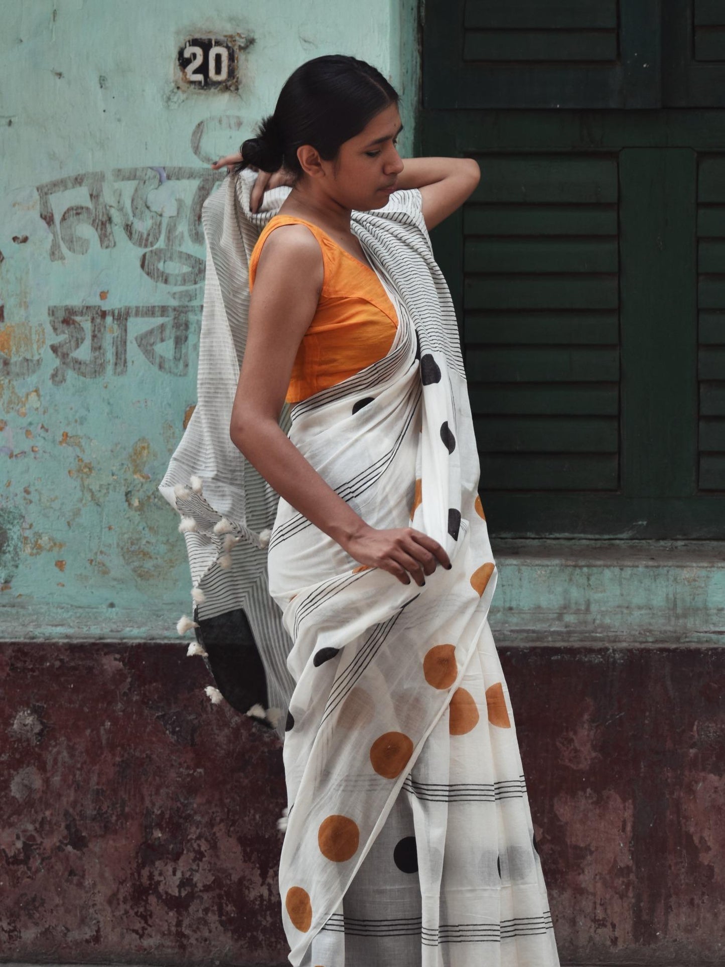Geometry Black - Orange Dots Saree