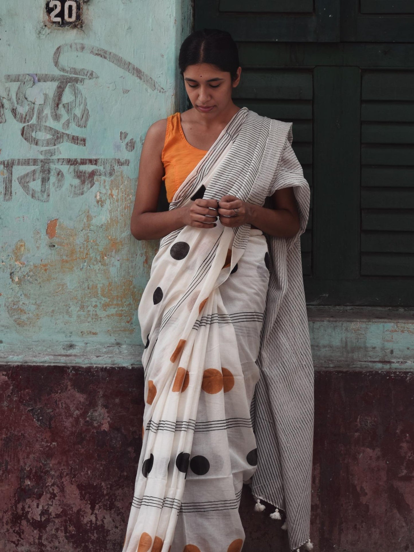 Geometry Black - Orange Dots Saree