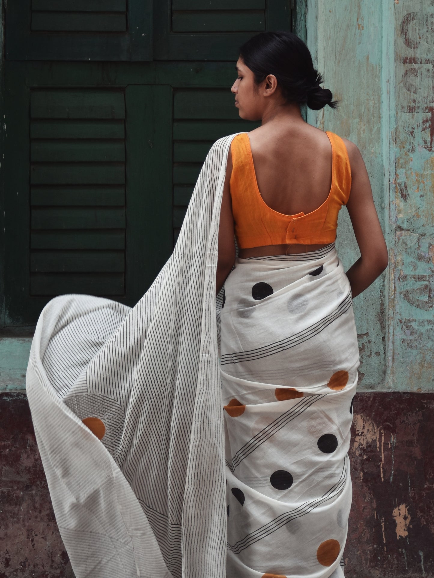 Geometry Black - Orange Dots Saree
