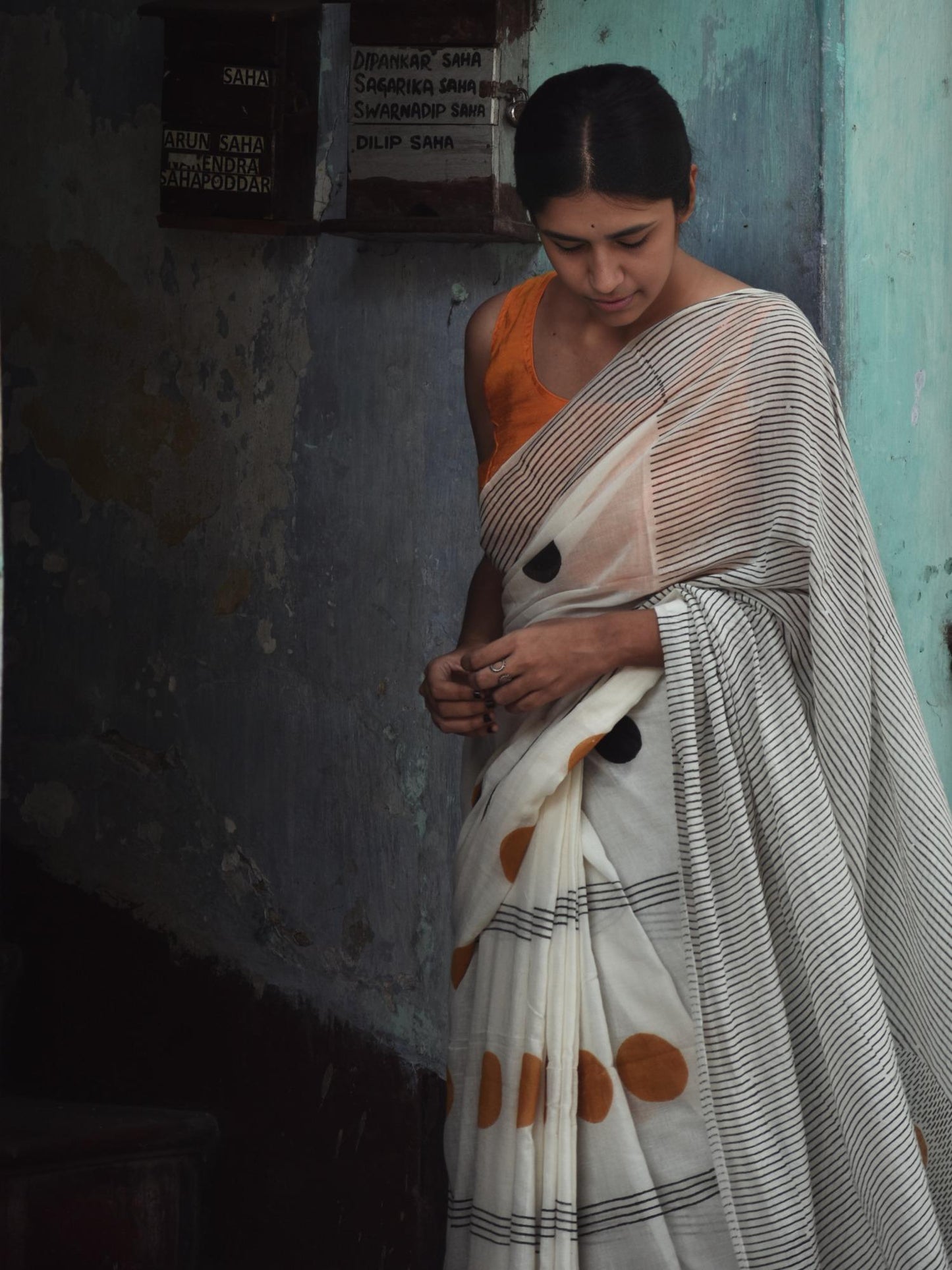 Geometry Black - Orange Dots Saree