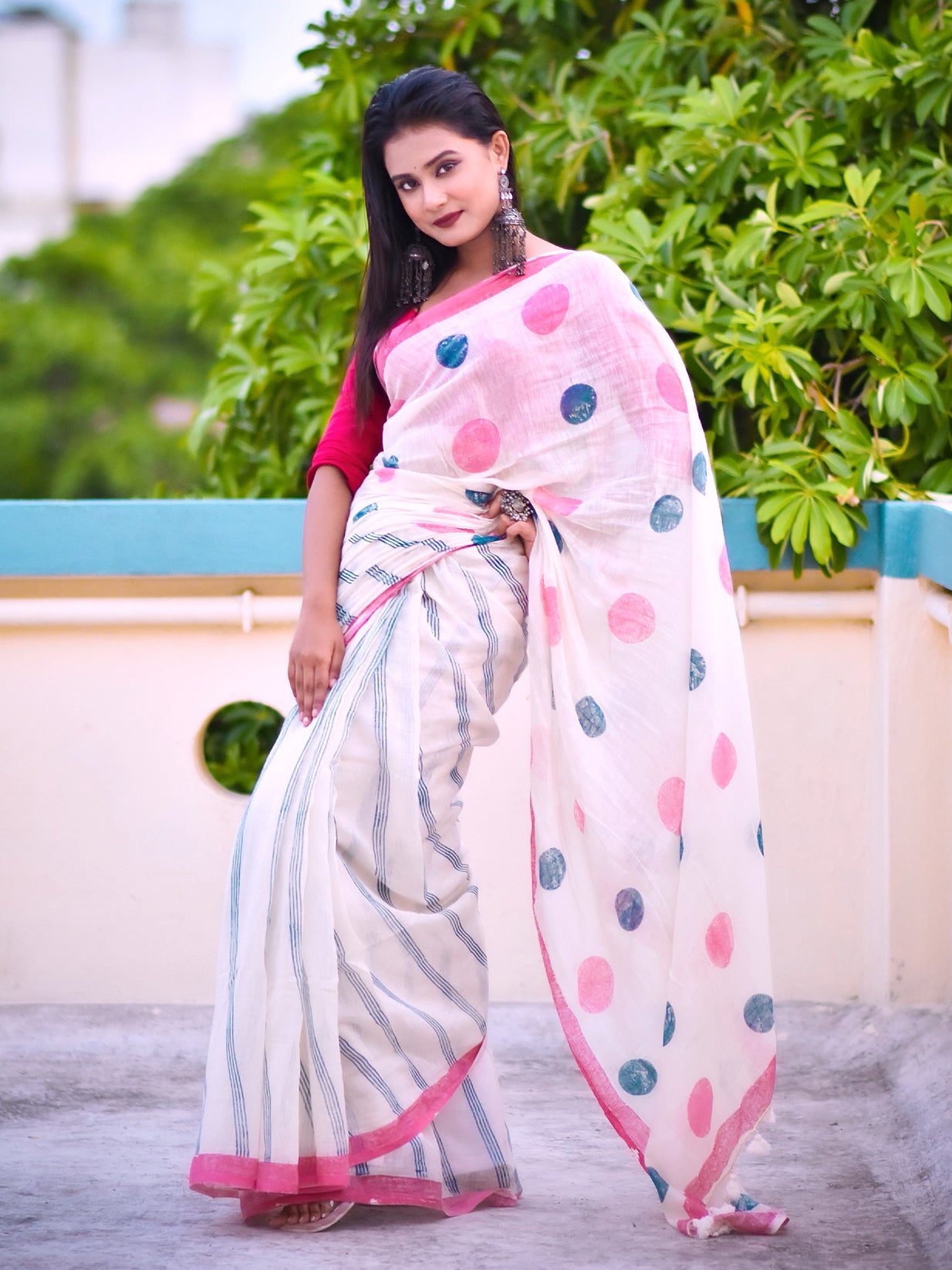 GeometryPink-NavyDotsSaree01