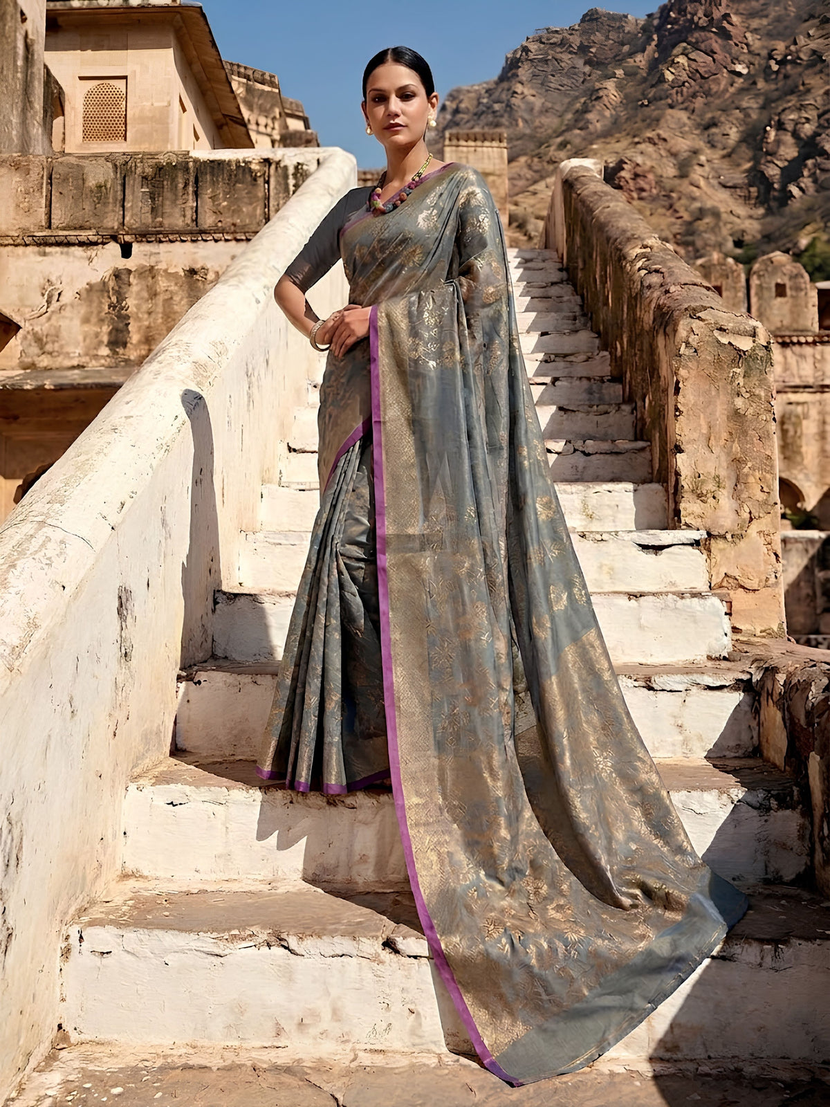 SoulWeaves grey handloom cotton zari saree with block printing