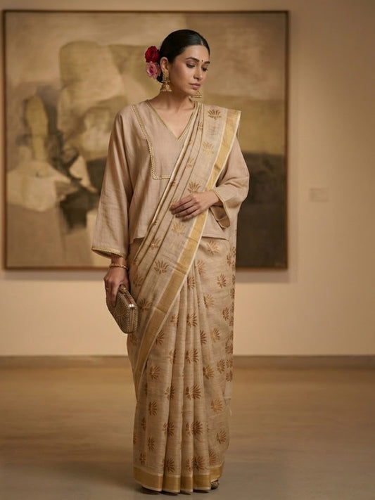 SoulWeaves beige brown handloom linen lurex saree with block printing