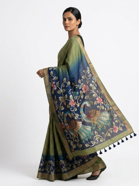 SoulWeaves Mor Bagh sage green and blue silk kalamkari saree with peacock motifs