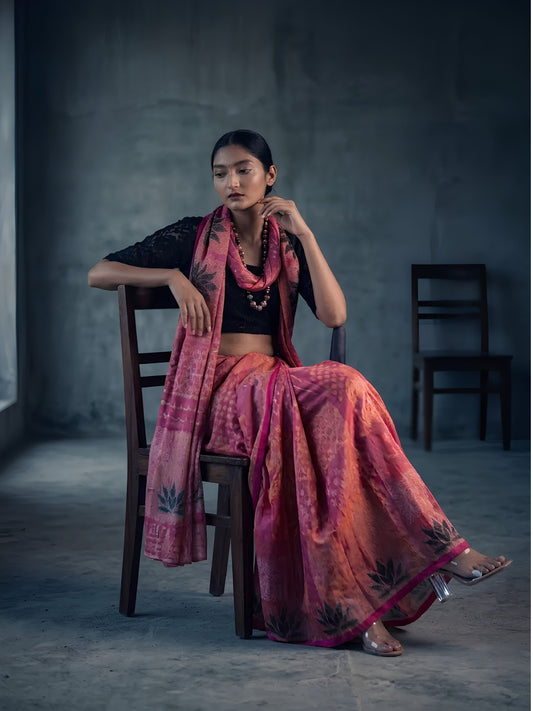 SoulWeaves rust orange handloom cotton zari saree with block printing