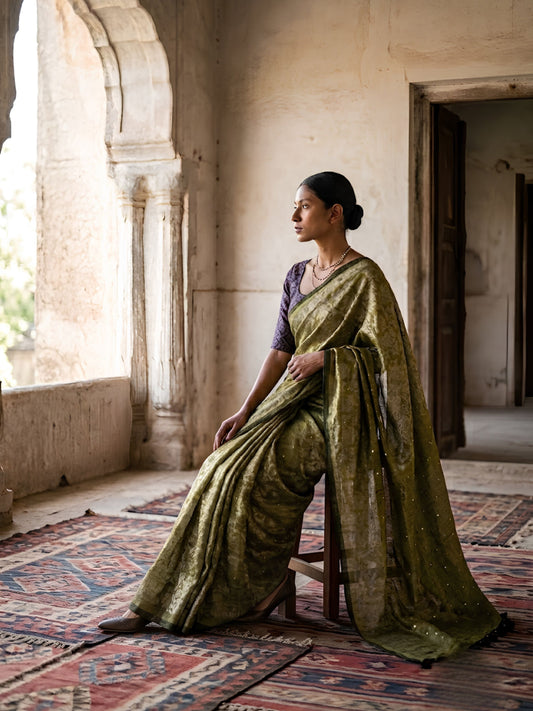 SoulWeaves olive green handloom linen cotton zari saree with gold dot