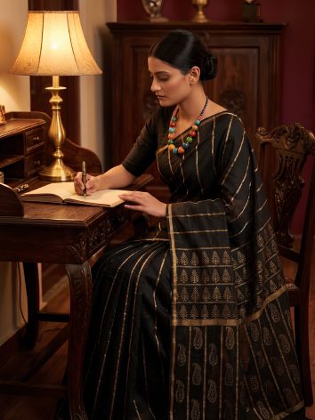 SoulWeaves black handloom cotton saree with gold block printing