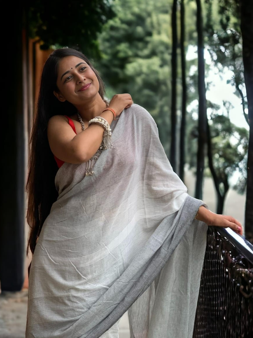 Ready Grey White Saree