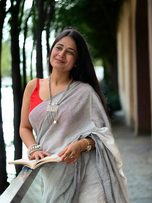 Ready Grey White Saree