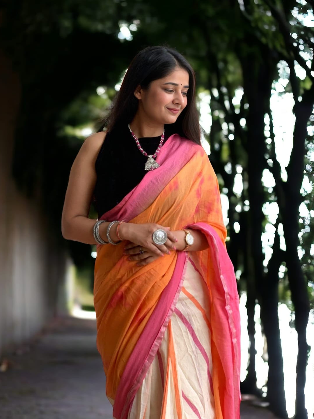 Ready Orange Pink Saree
