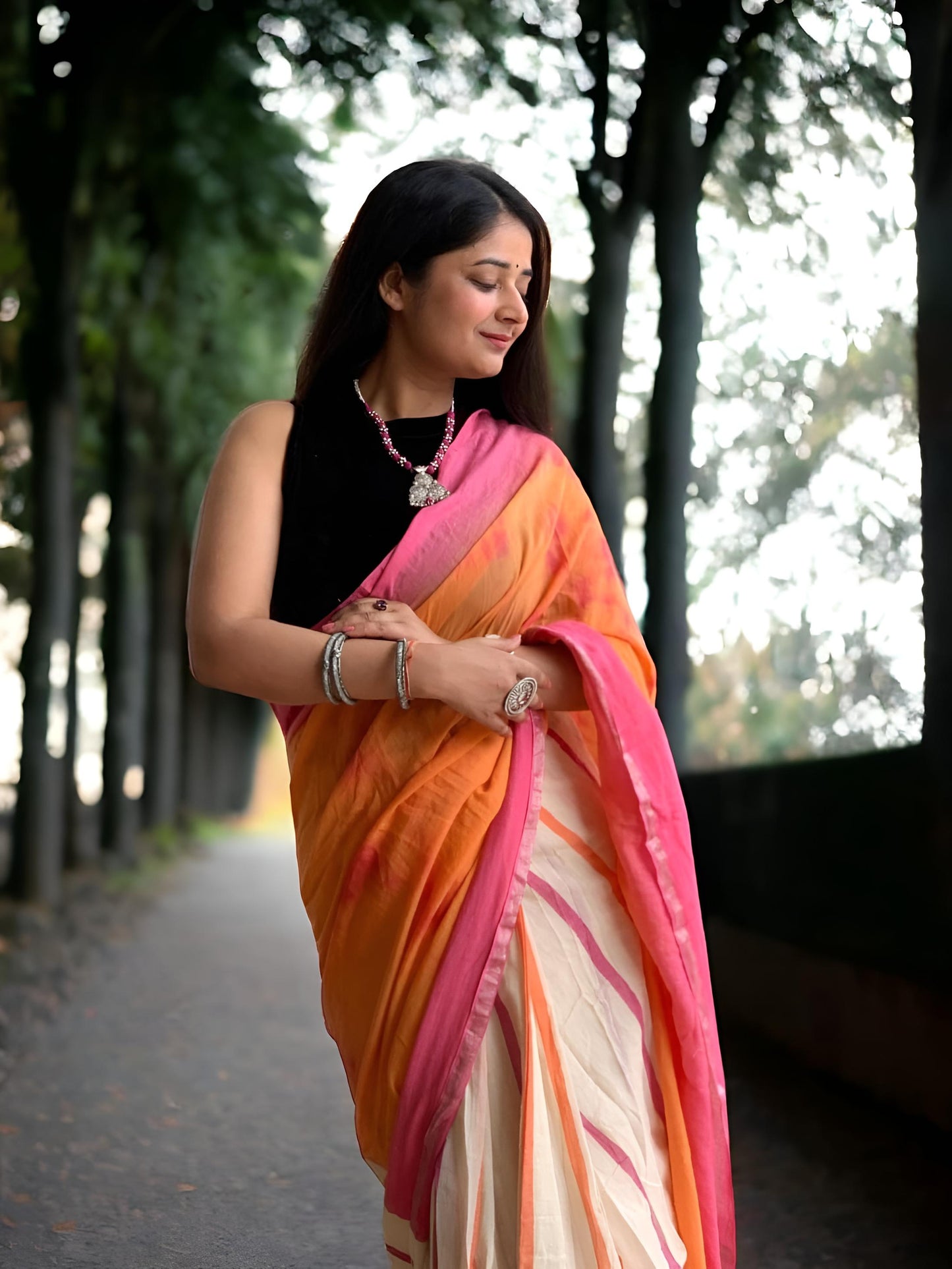 Ready Orange Pink Saree