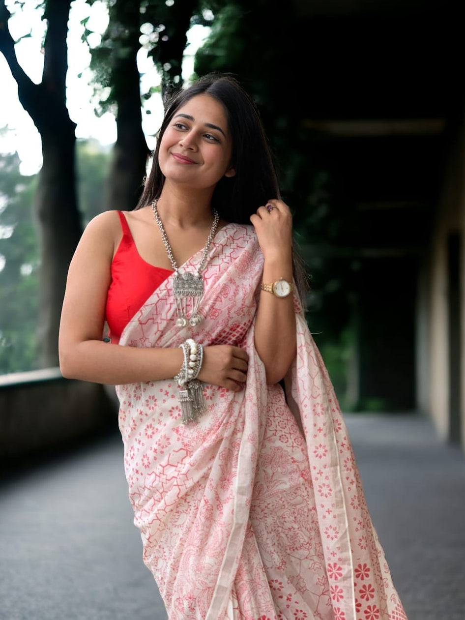 Ready Red White Saree