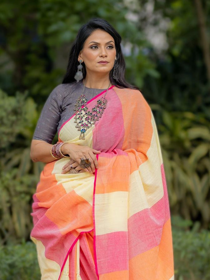 Kapaas Yellow Orange Saree