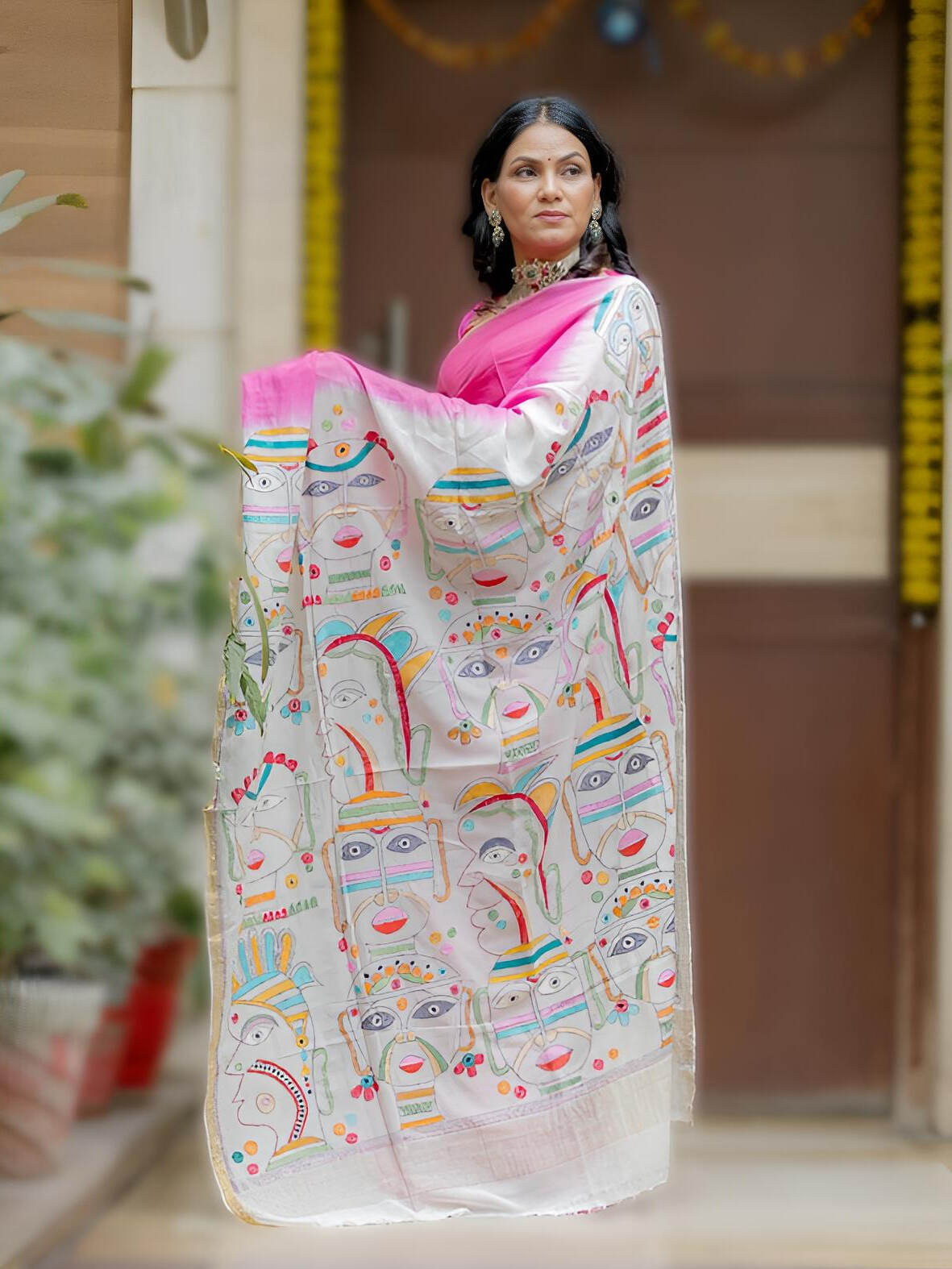 Kantha Pink Faces Saree