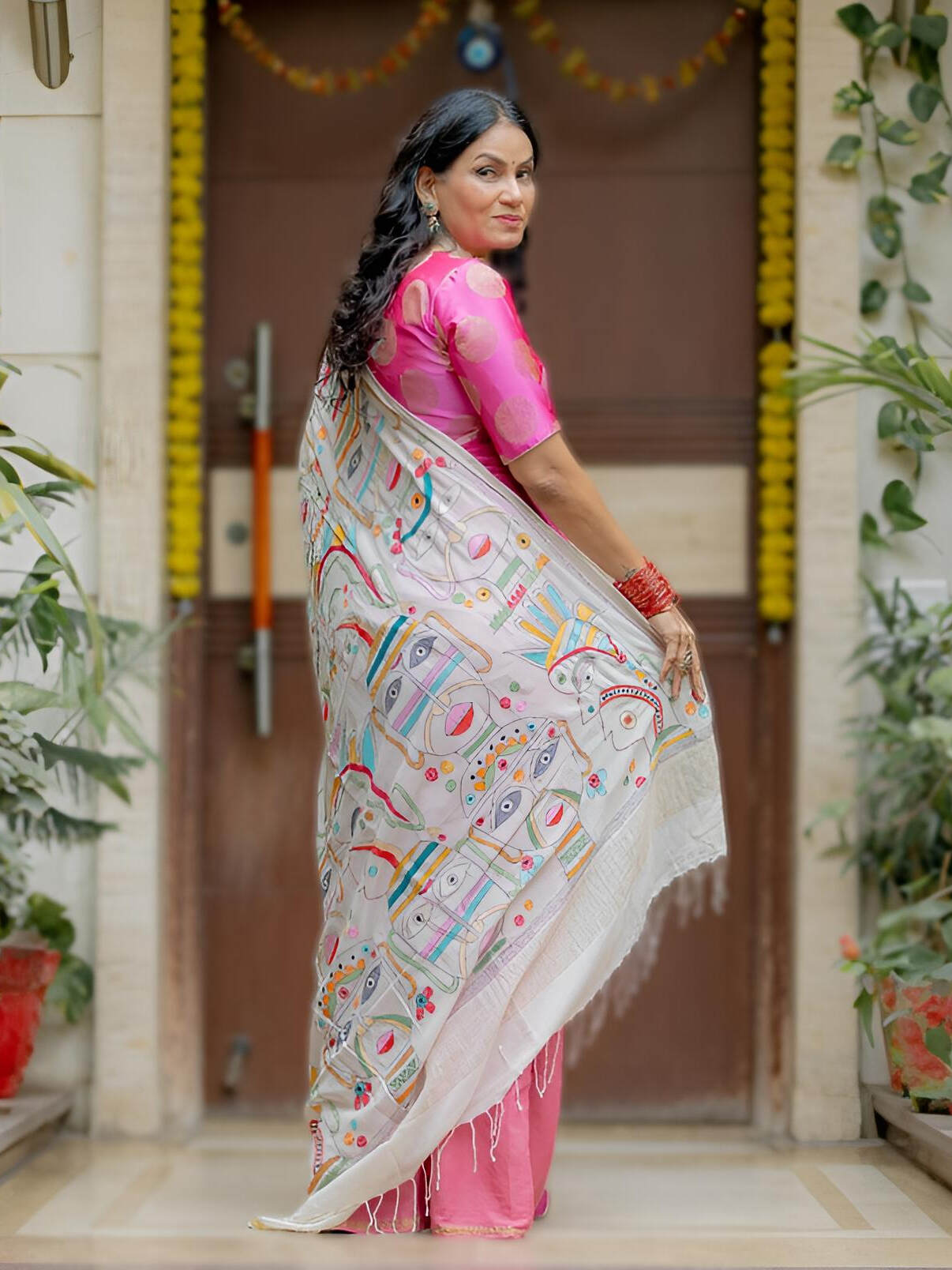 Kantha Pink Faces Saree