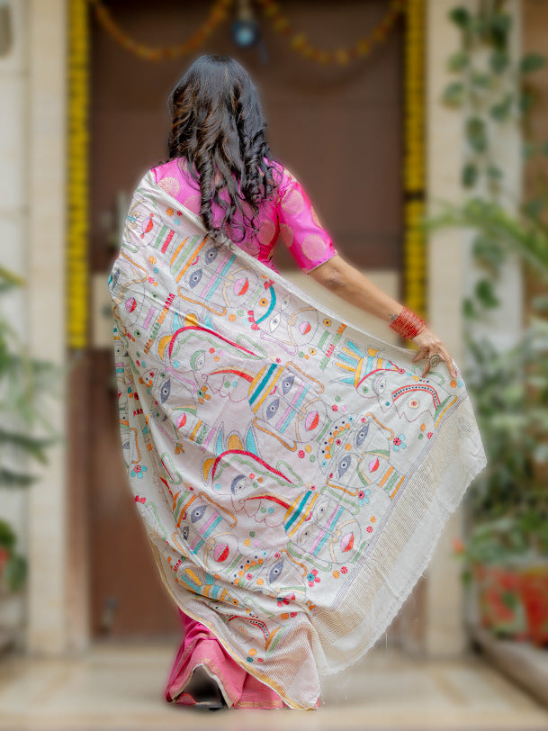 Kantha Pink Faces Saree