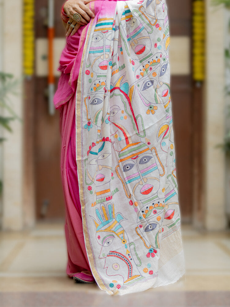 Kantha Pink Faces Saree