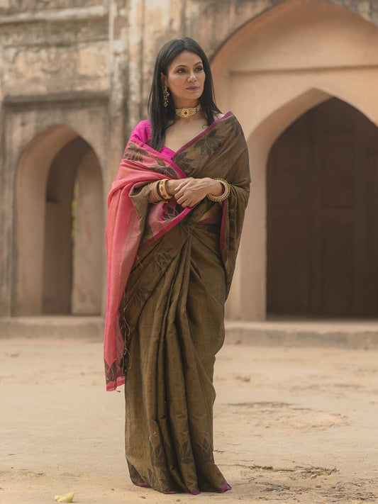 Lotus Khaki saree