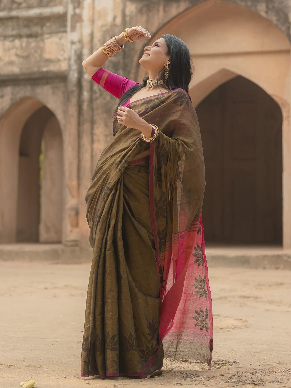 Lotus Khaki saree