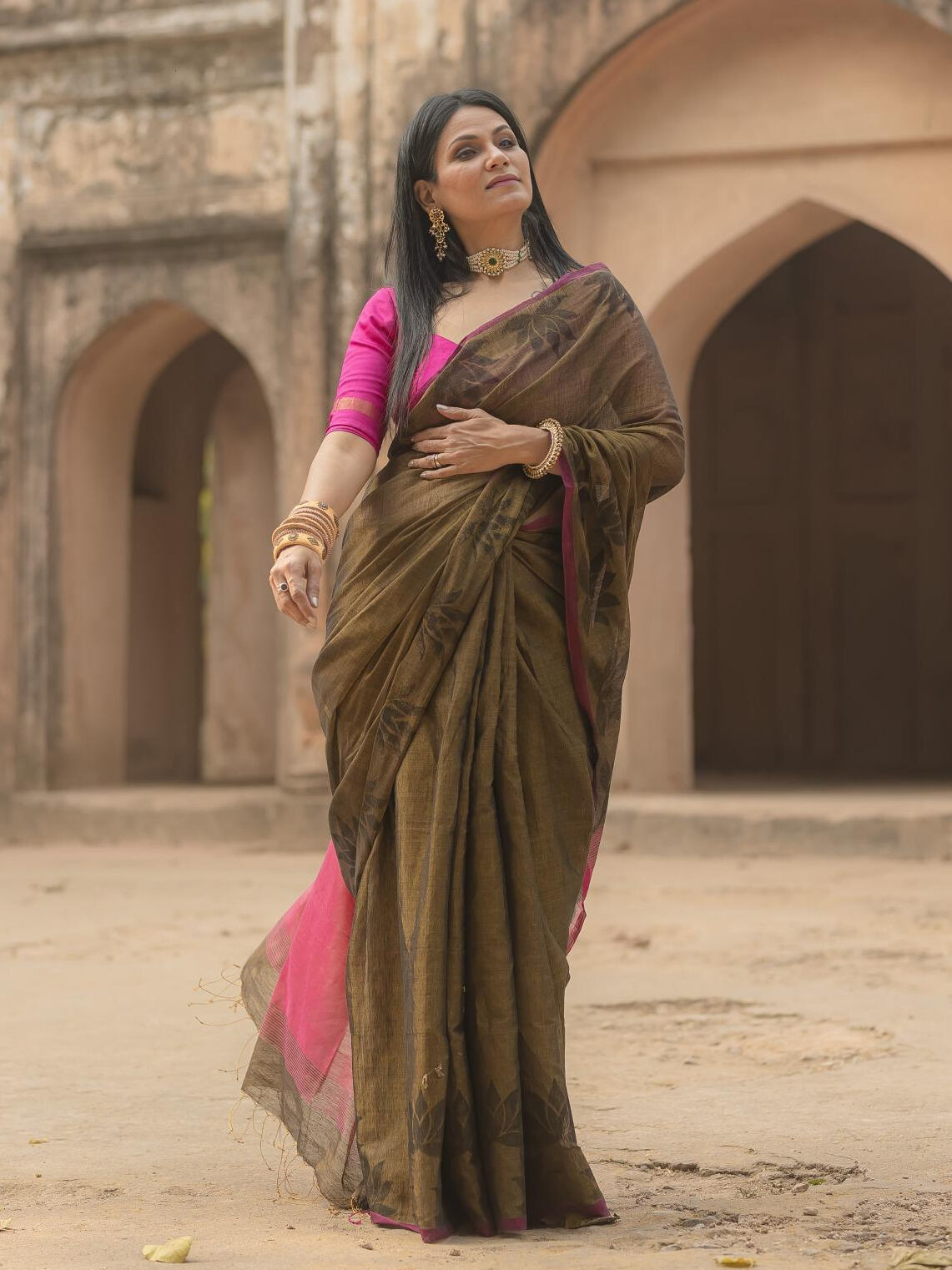 Lotus Khaki saree