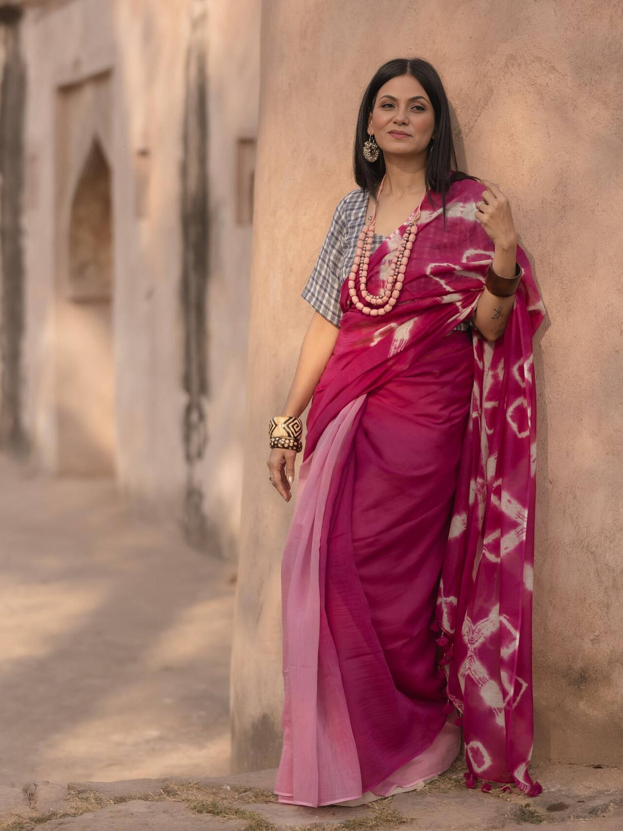 Shibori Fuschia Saree