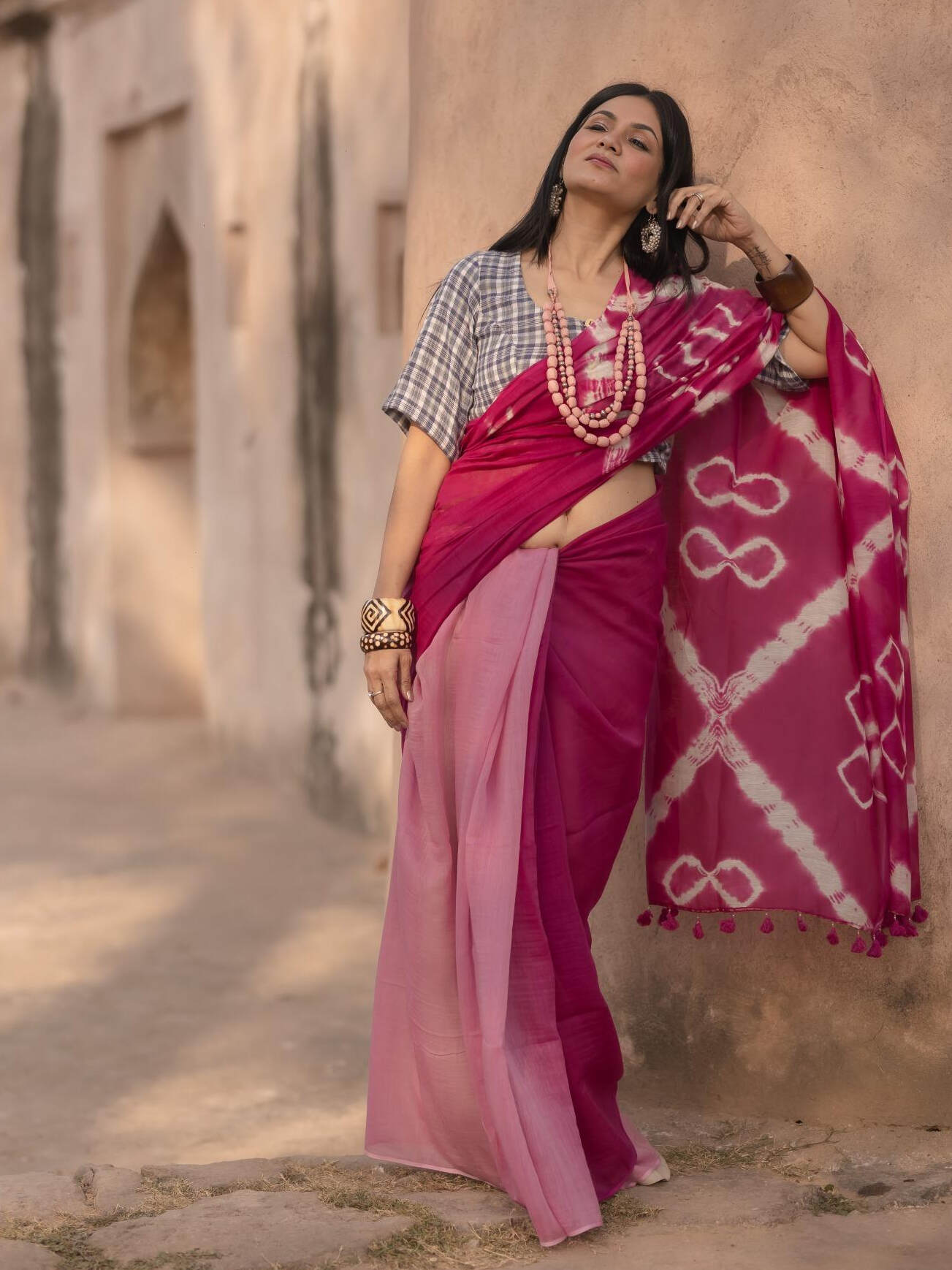 Shibori Fuschia Saree