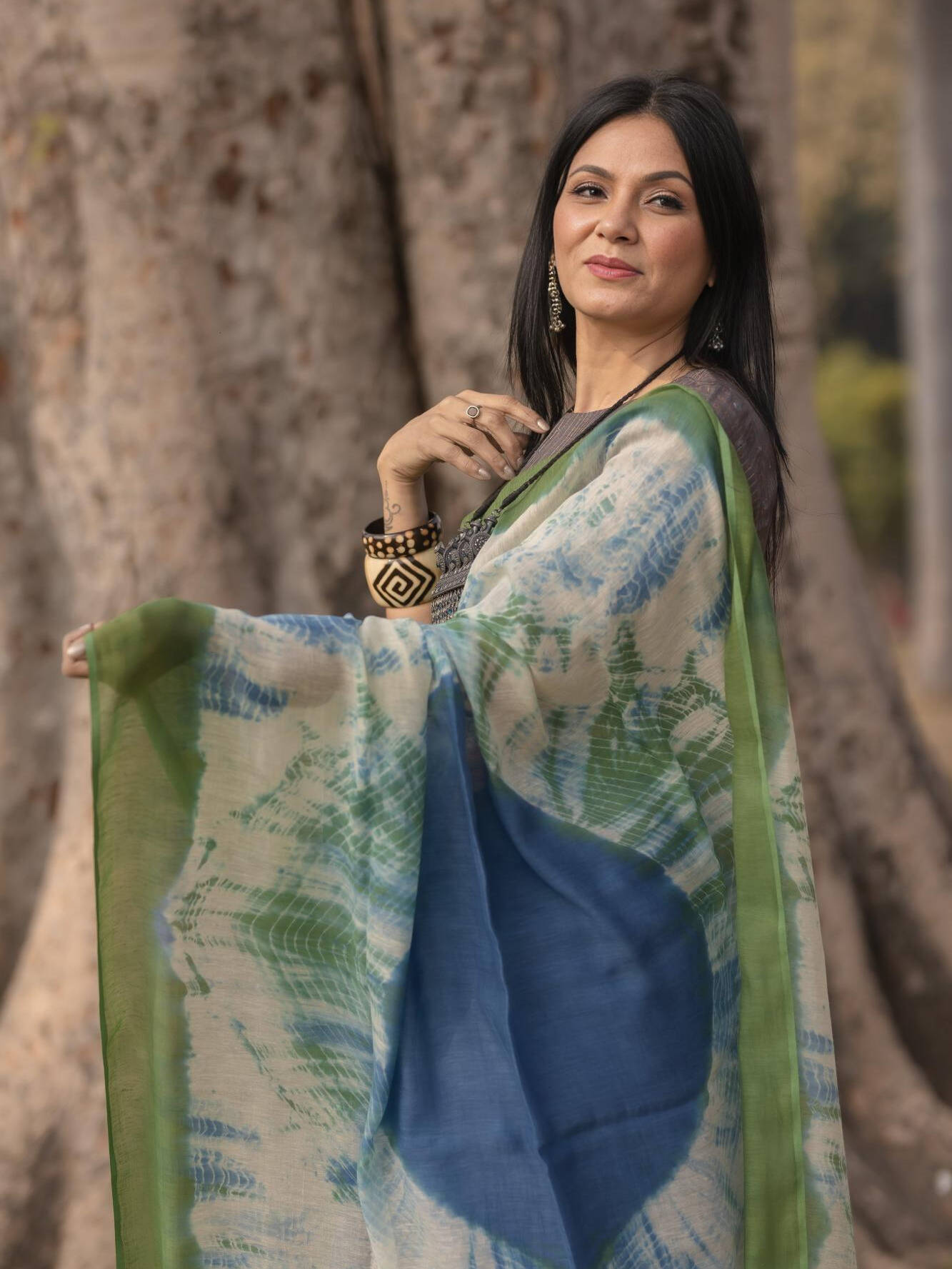 Shibori Green Blue Saree