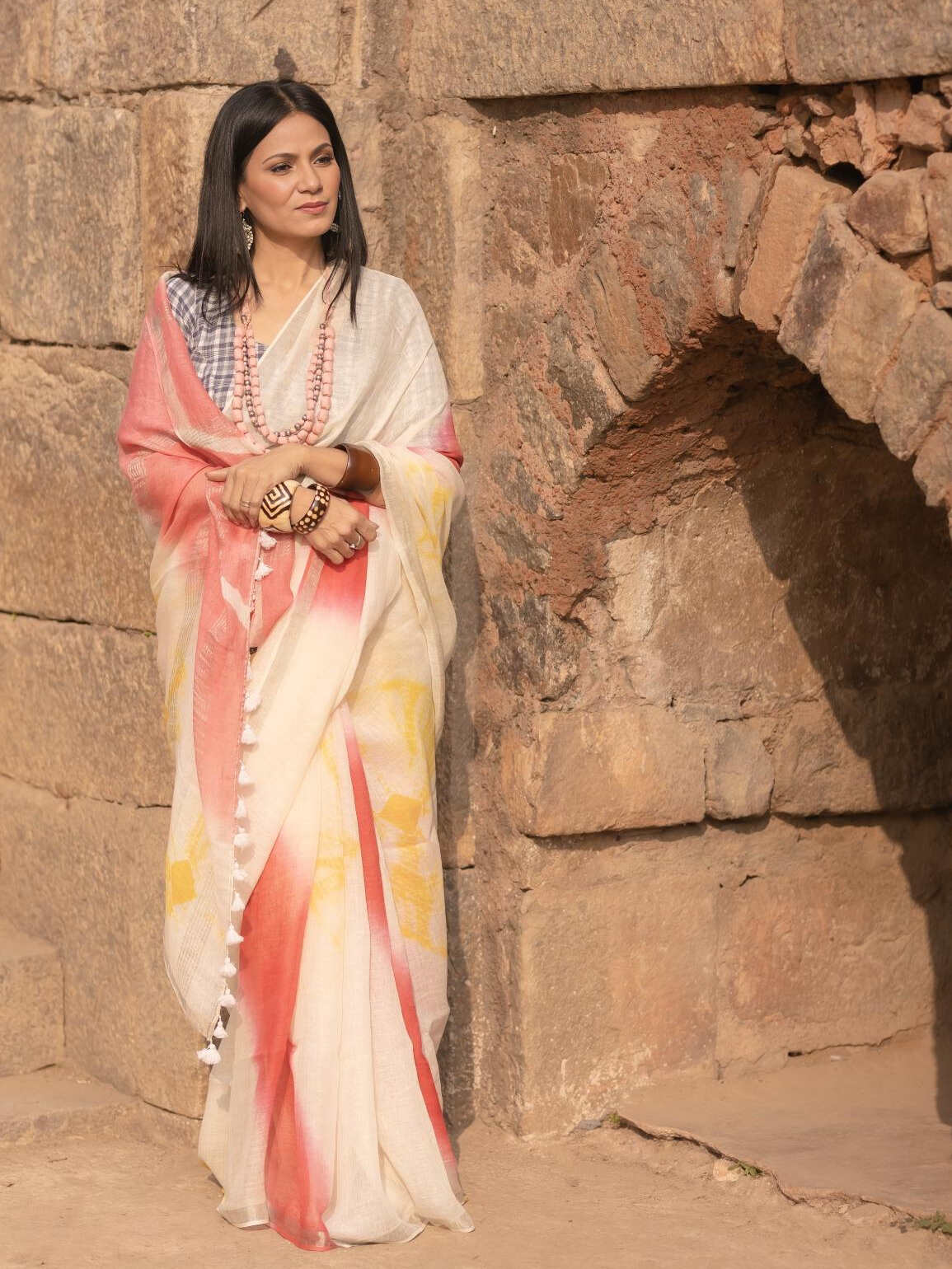 Shibori Coral Saree