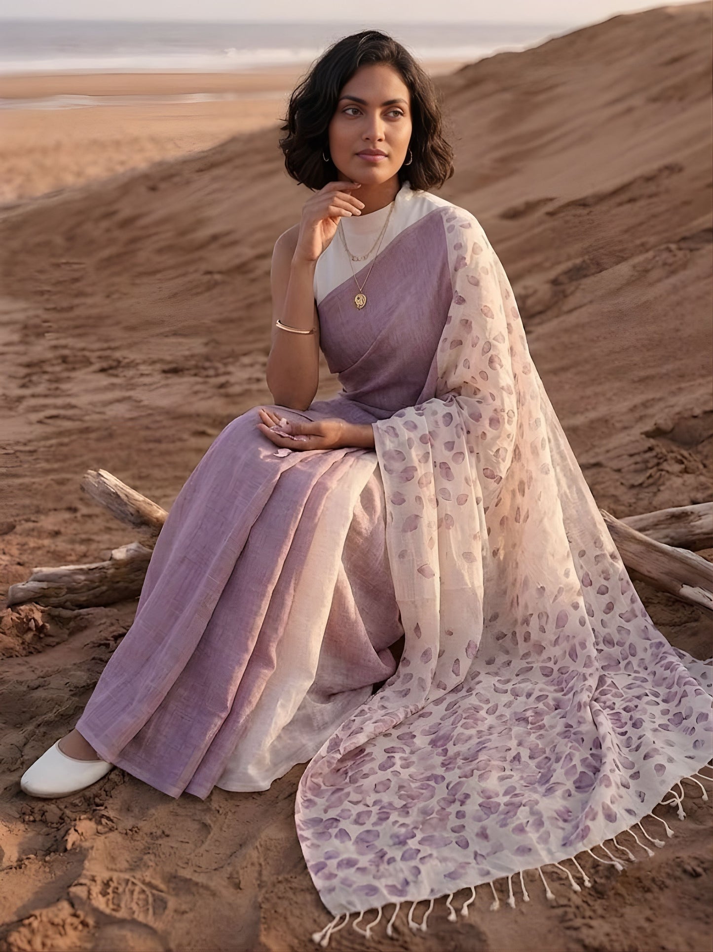 Dusty Rose Saree, a handwoven silk cotton saree featuring a mauve dual-tone body and delicate floral eco-prints on the palla by Soulweaves.