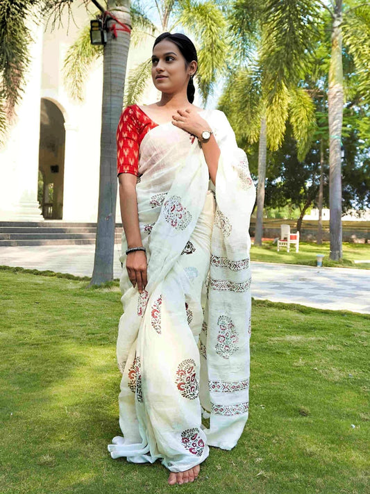 White Blockprinted saree