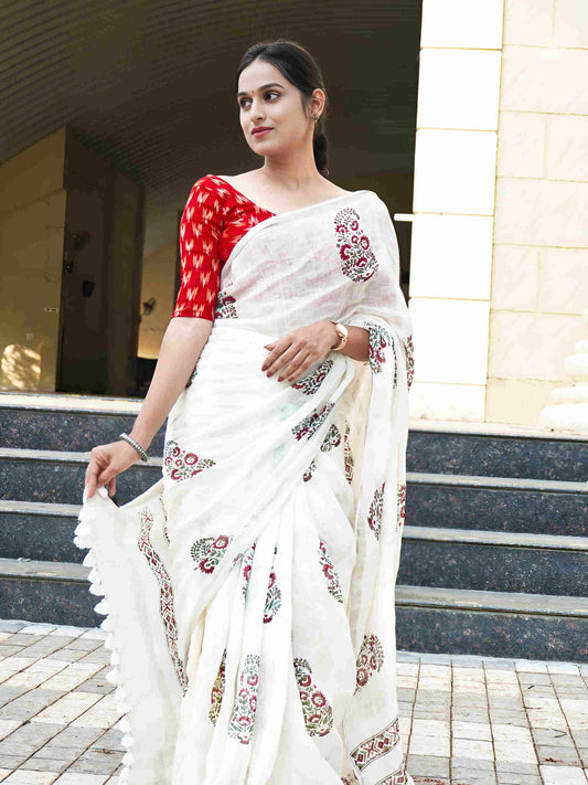 White Blockprinted saree