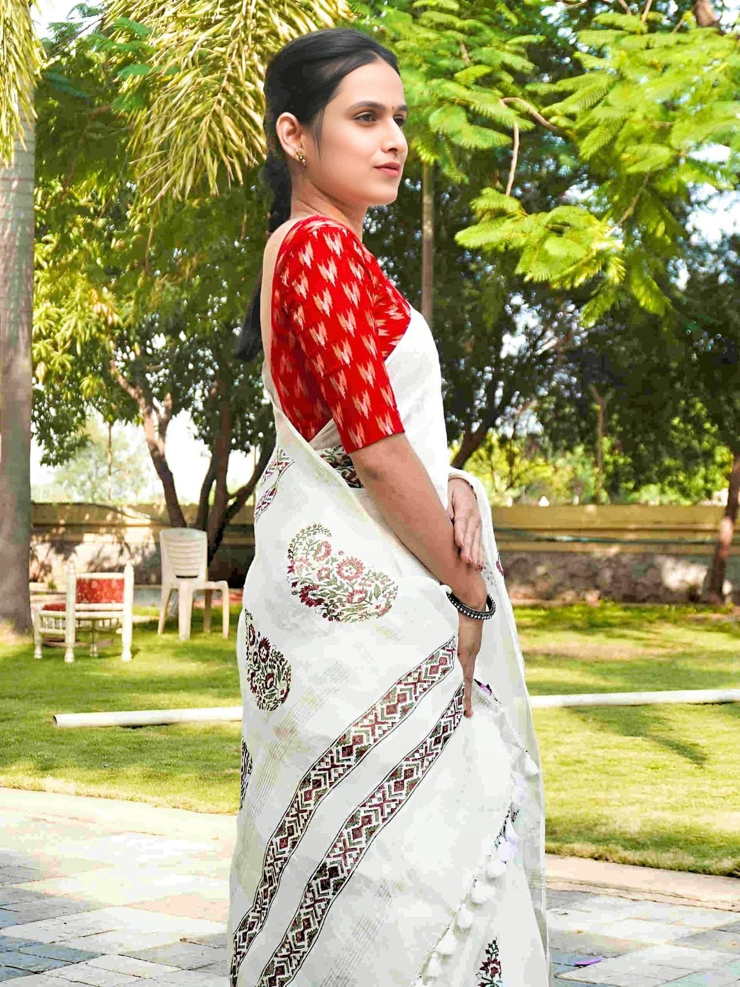 White Blockprinted saree