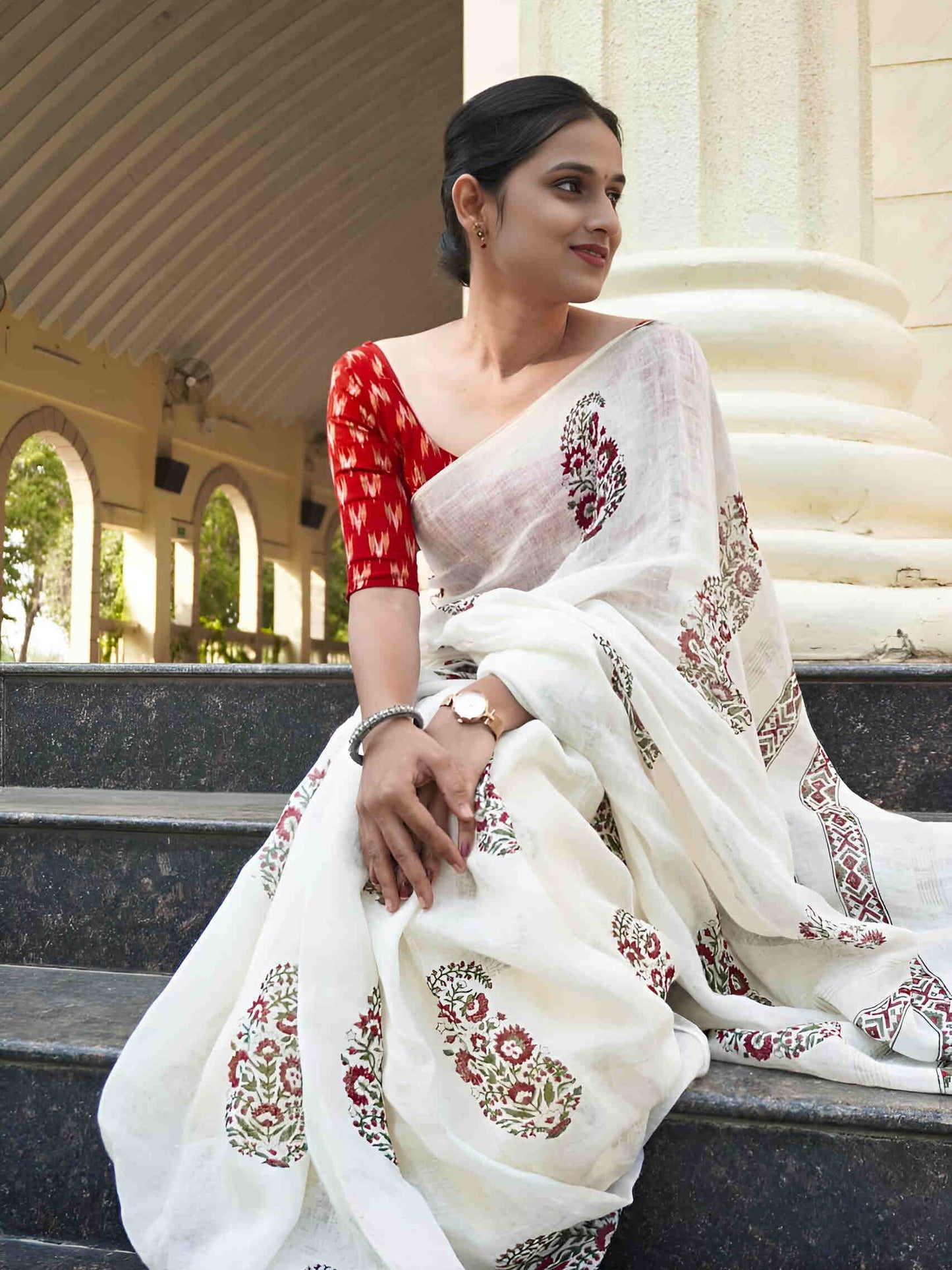 White Blockprinted saree