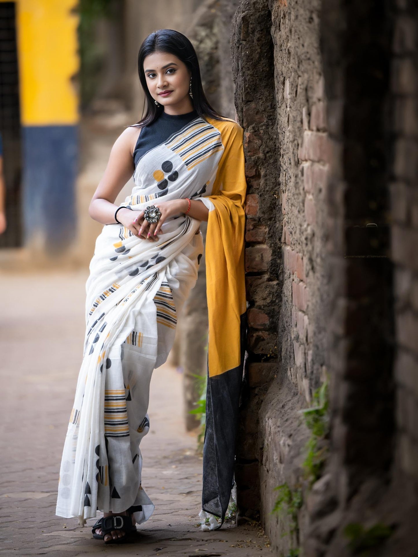 Yellow Black Geometry Saree