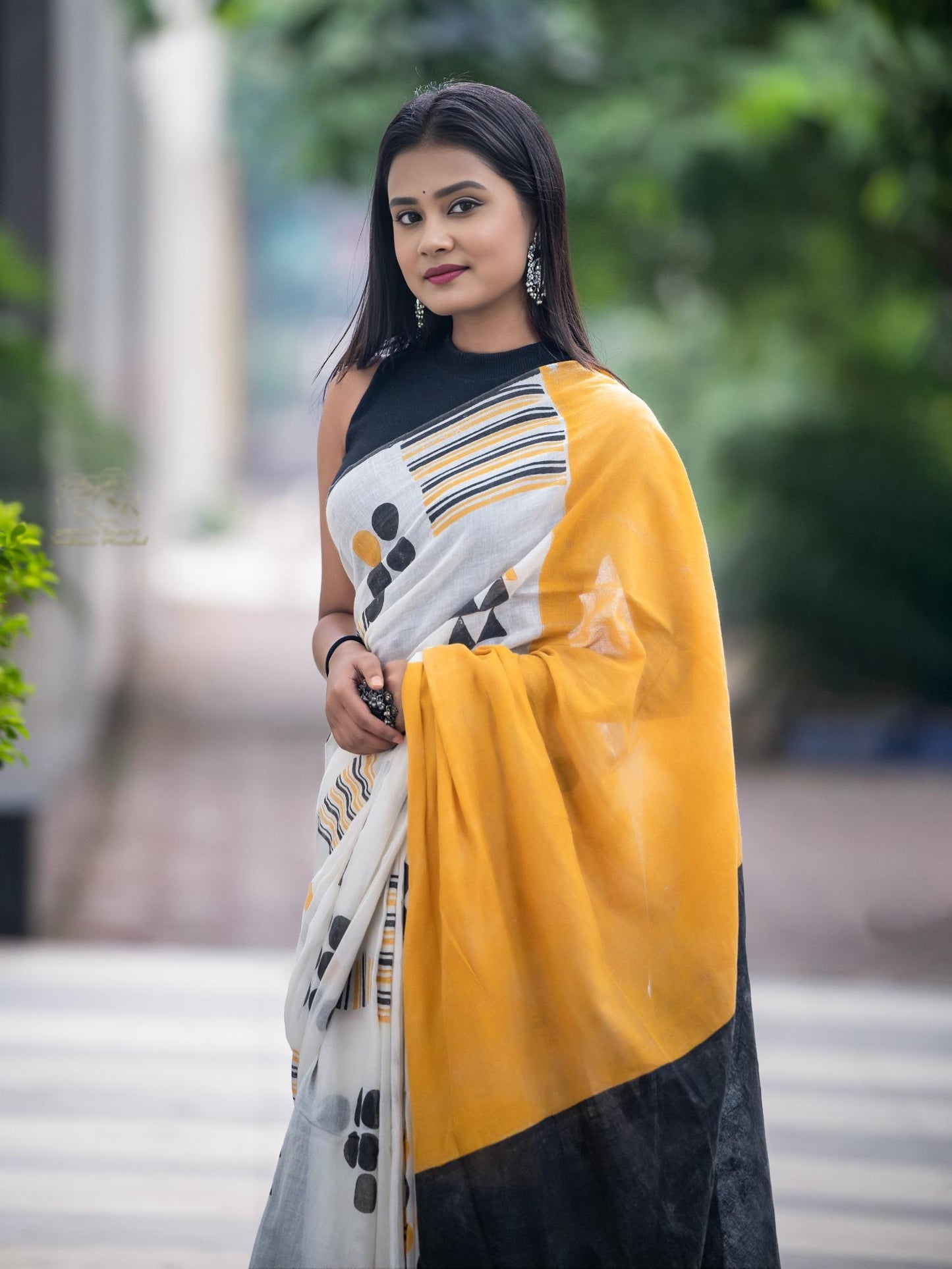 Yellow Black Geometry Saree