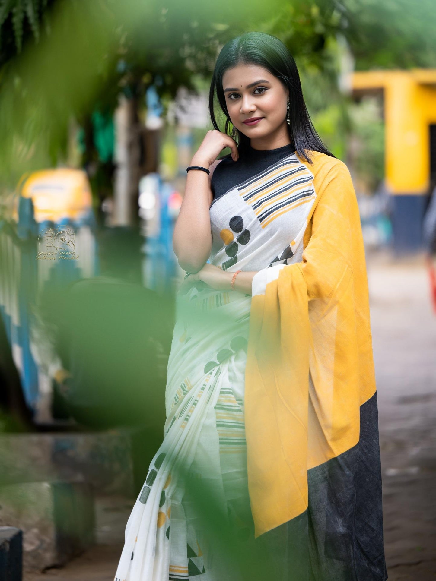 Yellow Black Geometry Saree