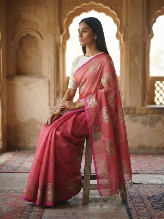 SoulWeaves Gulnaar rose pink silk saree with intricate paisley motifs and magenta border.