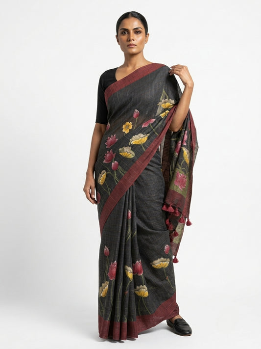 SoulWeaves Kamalrekha black silk saree with lotus print and deep maroon border