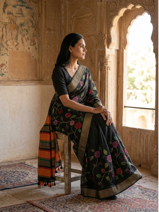 SoulWeaves Mallika black silk kalamkari saree with rose motifs