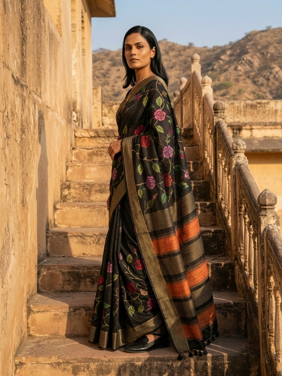 SoulWeaves Mallika black silk kalamkari saree with rose motifs