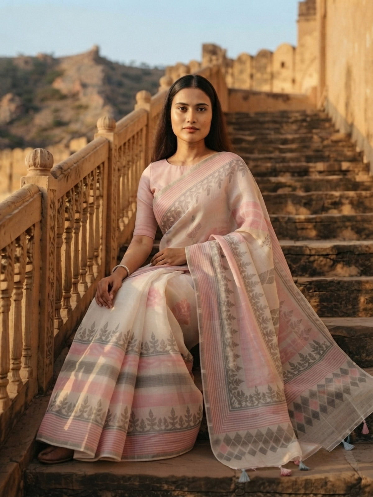 SoulWeaves Pankhuri blush pink silk organza saree with delicate leafy motifs and striped border
