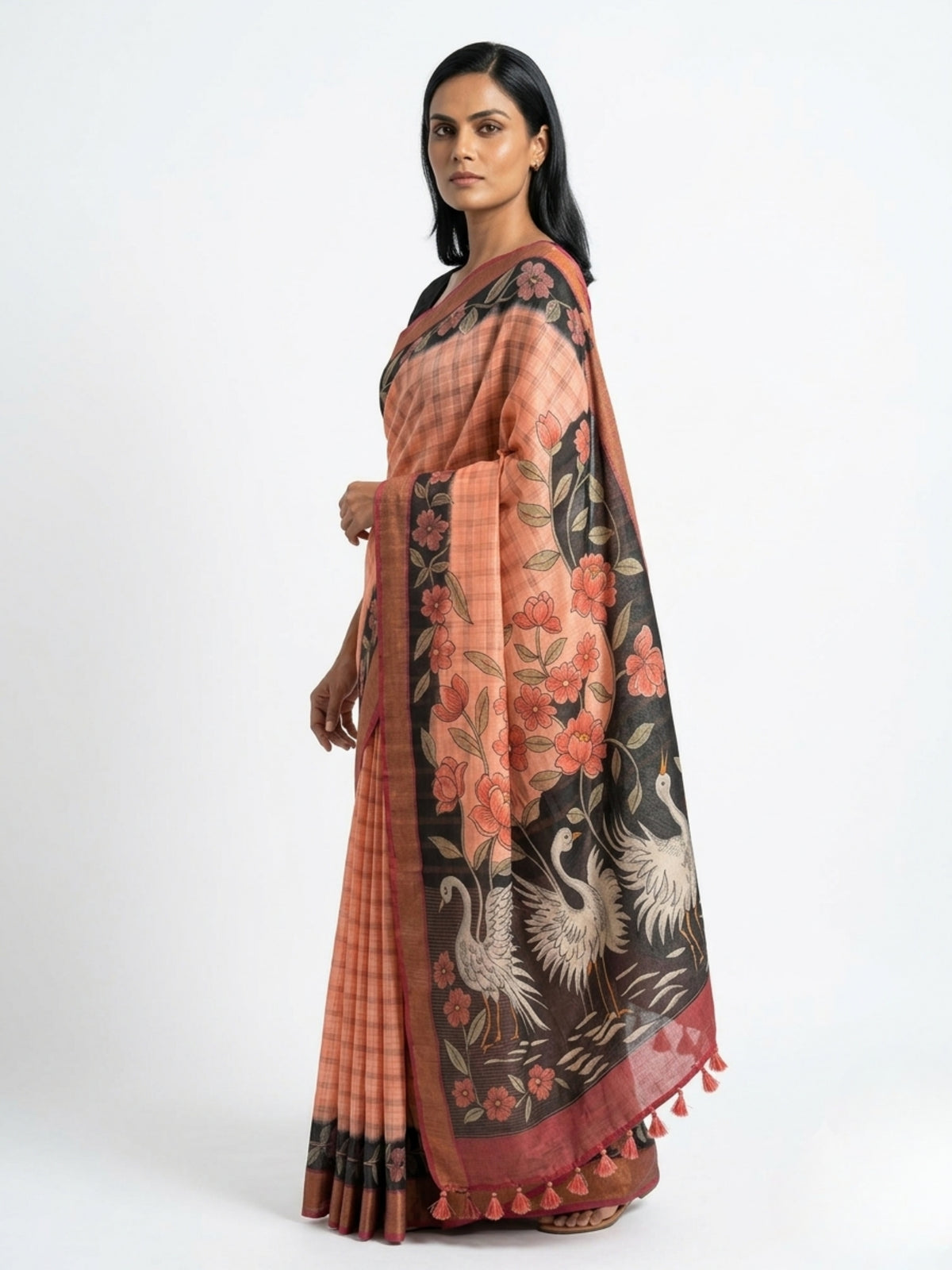 SoulWeaves Rajhansi Kalamkari saree with elegant swan motifs.