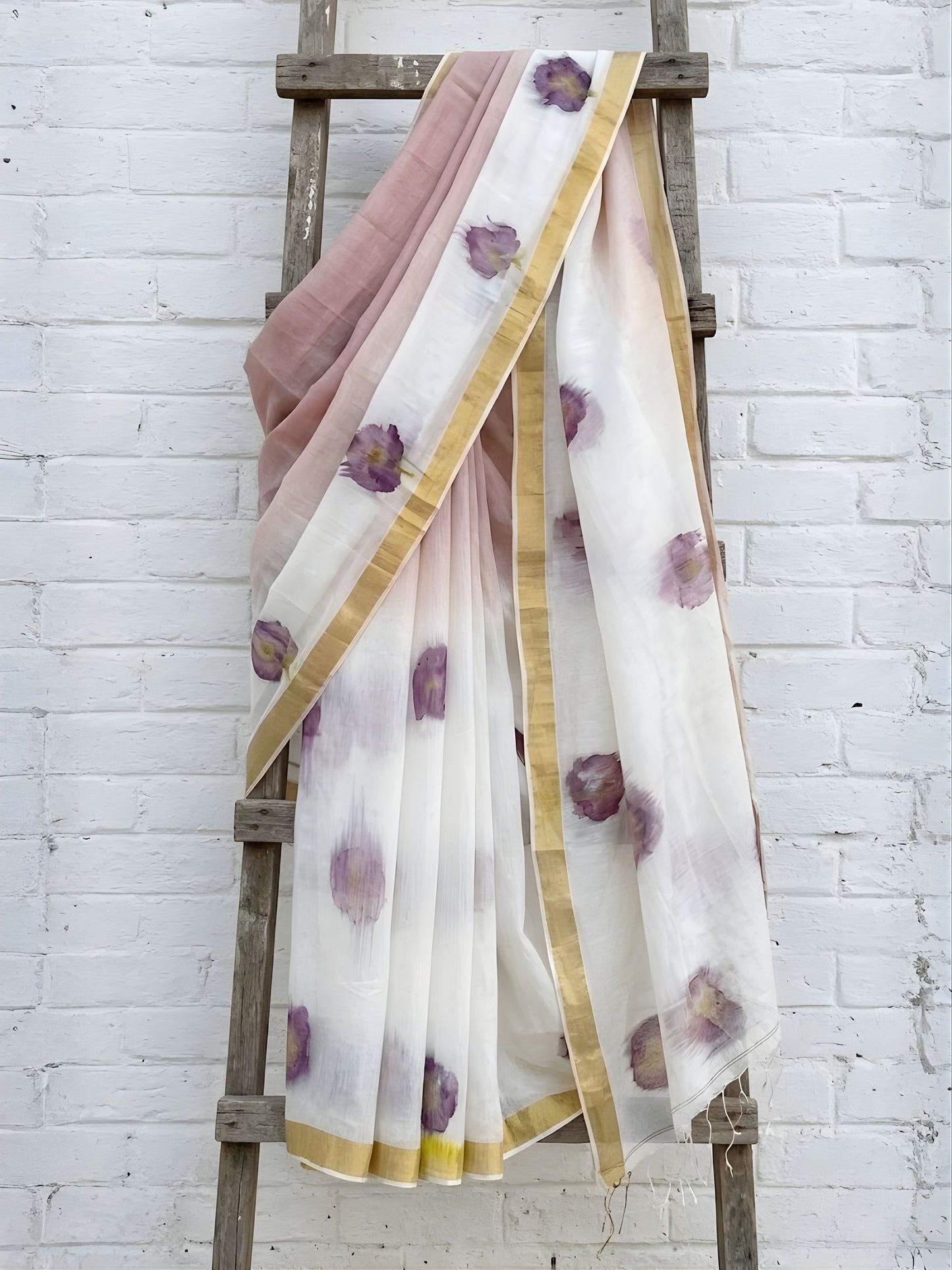 soulweaves zen flora silk cotton saree white pink ombre