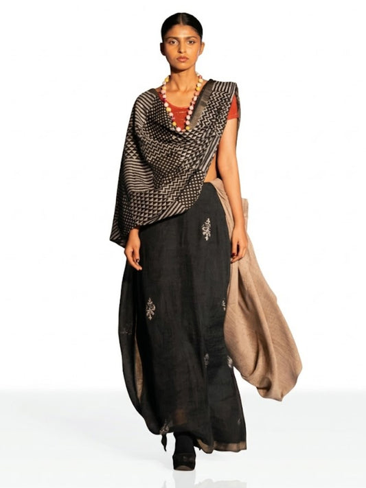 SoulWeaves black handloom linen saree with block printing