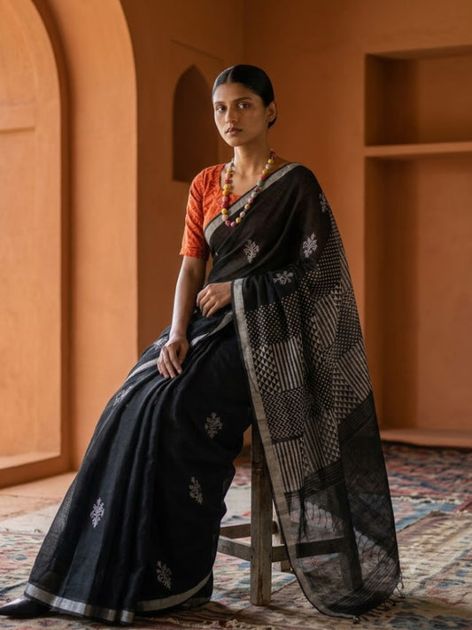 SoulWeaves black handloom linen saree with block printing