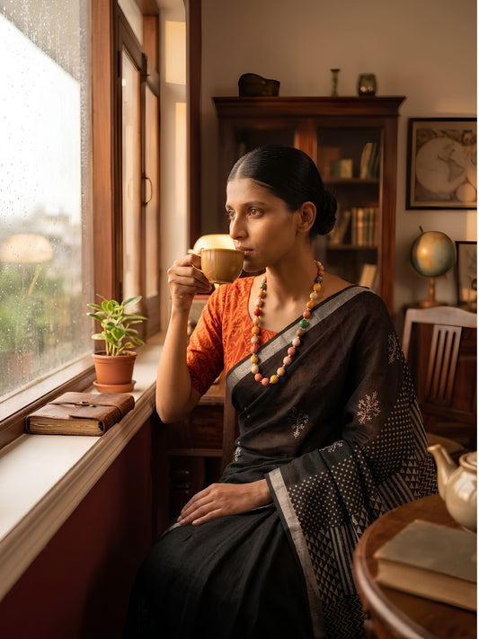 SoulWeaves black handloom linen saree with block printing