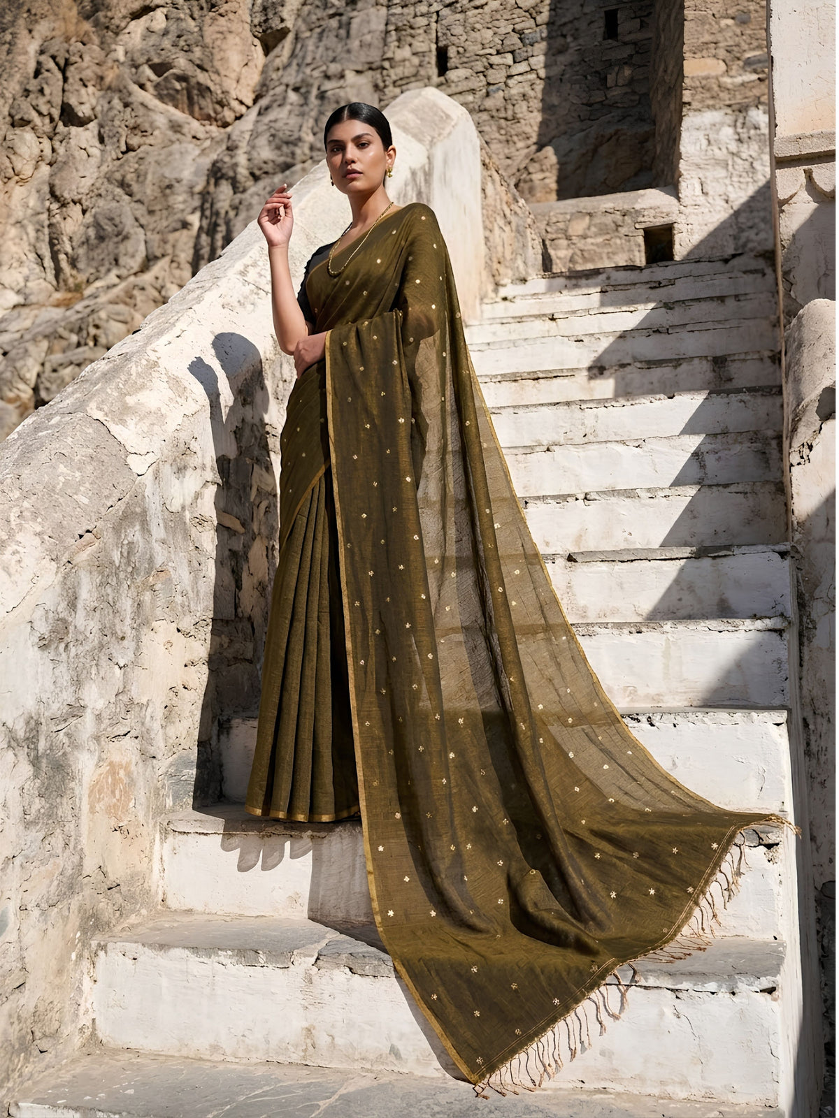 SoulWeaves olive green handloom cotton zari saree with zari embroidery